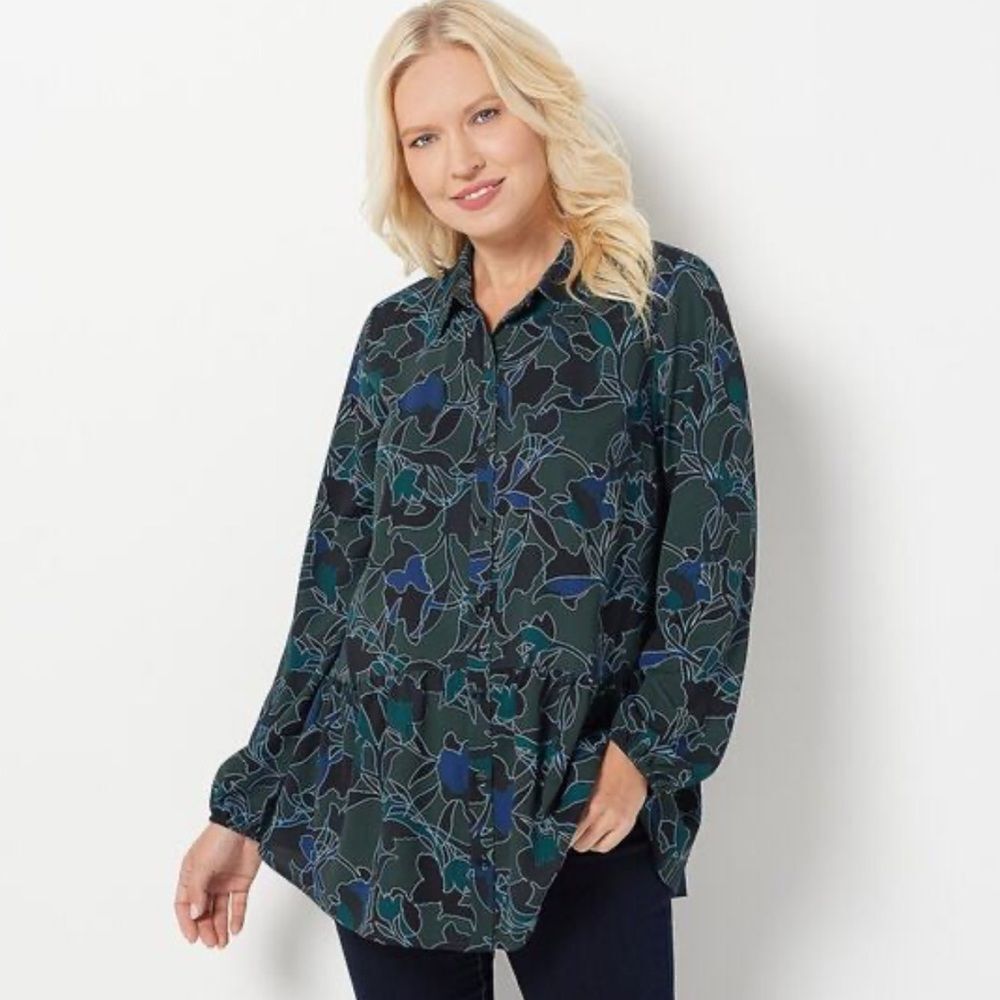 LOGO S Green Blue Black Floral Button Front Tiered Hem Long Sleeve Tunic Top